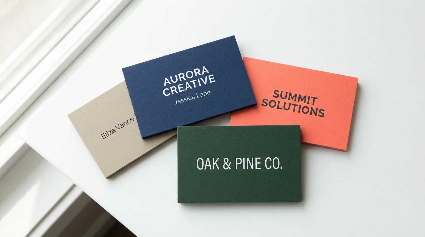 An overhead shot of several professionally designed business cards laid out on a white surface, each featuring a different background color like navy blue, coral, and forest green.