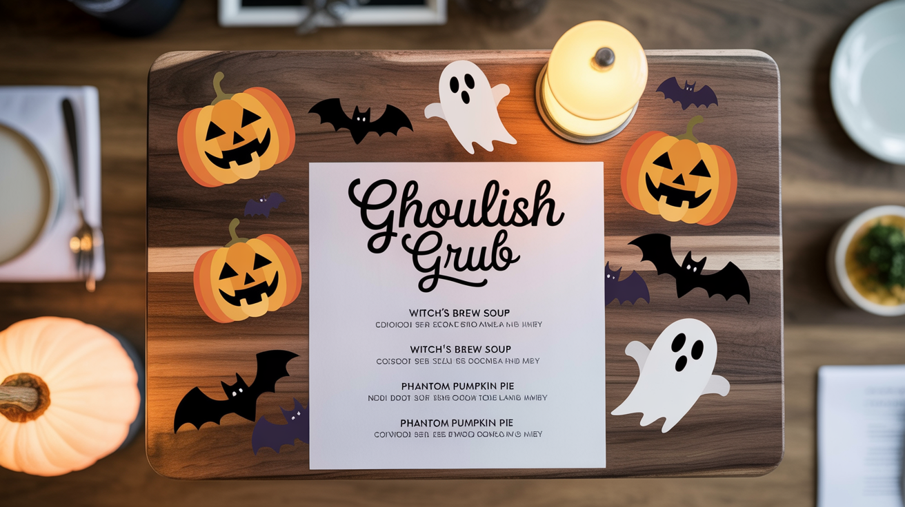 A professionally designed Halloween menu template with the title 'Ghoulish Grub', featuring spooky illustrations of ghosts and pumpkins, and a dark color palette of orange, black, and purple.