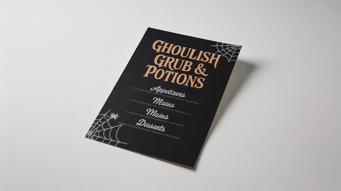 A modern and elegant Halloween menu mockup with the title 'Ghoulish Grub & Potions' in metallic orange and white text on black cardstock, placed on a white background.