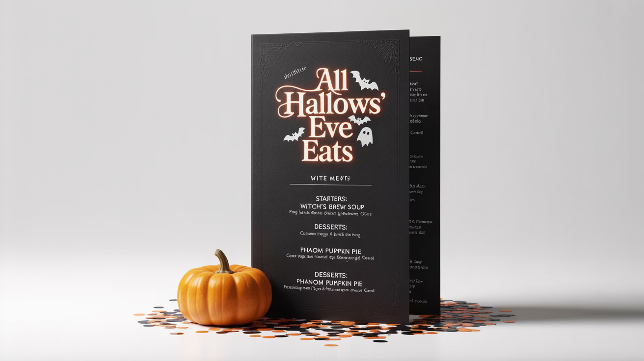 A mockup of a chic Halloween menu with orange and white text on black cardstock, displayed on a clean white background with a small pumpkin and confetti.