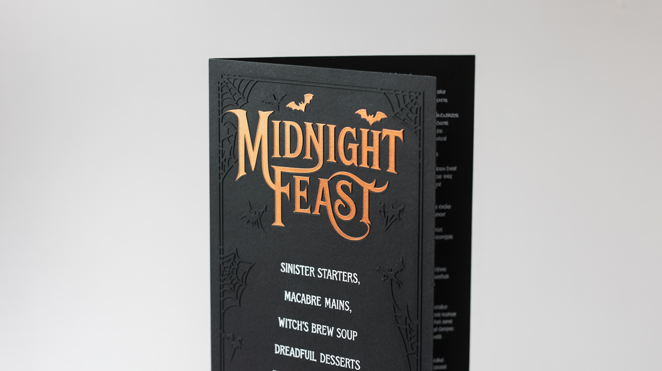 A modern and elegant Halloween-themed restaurant menu mockup with the title 'Midnight Feast' in orange foil, set against a stark white background.