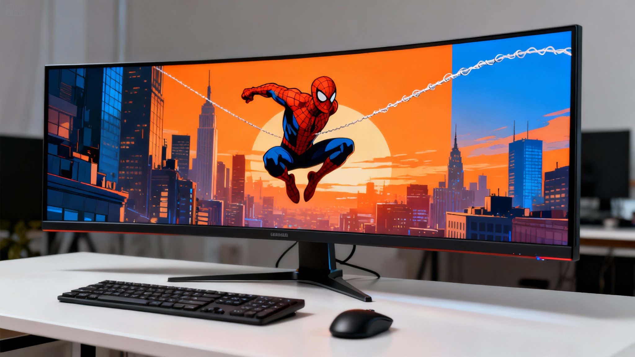 A high-end ultrawide monitor on a clean, modern desk, displaying a dynamic Spider-Man wallpaper set against a sunset cityscape.