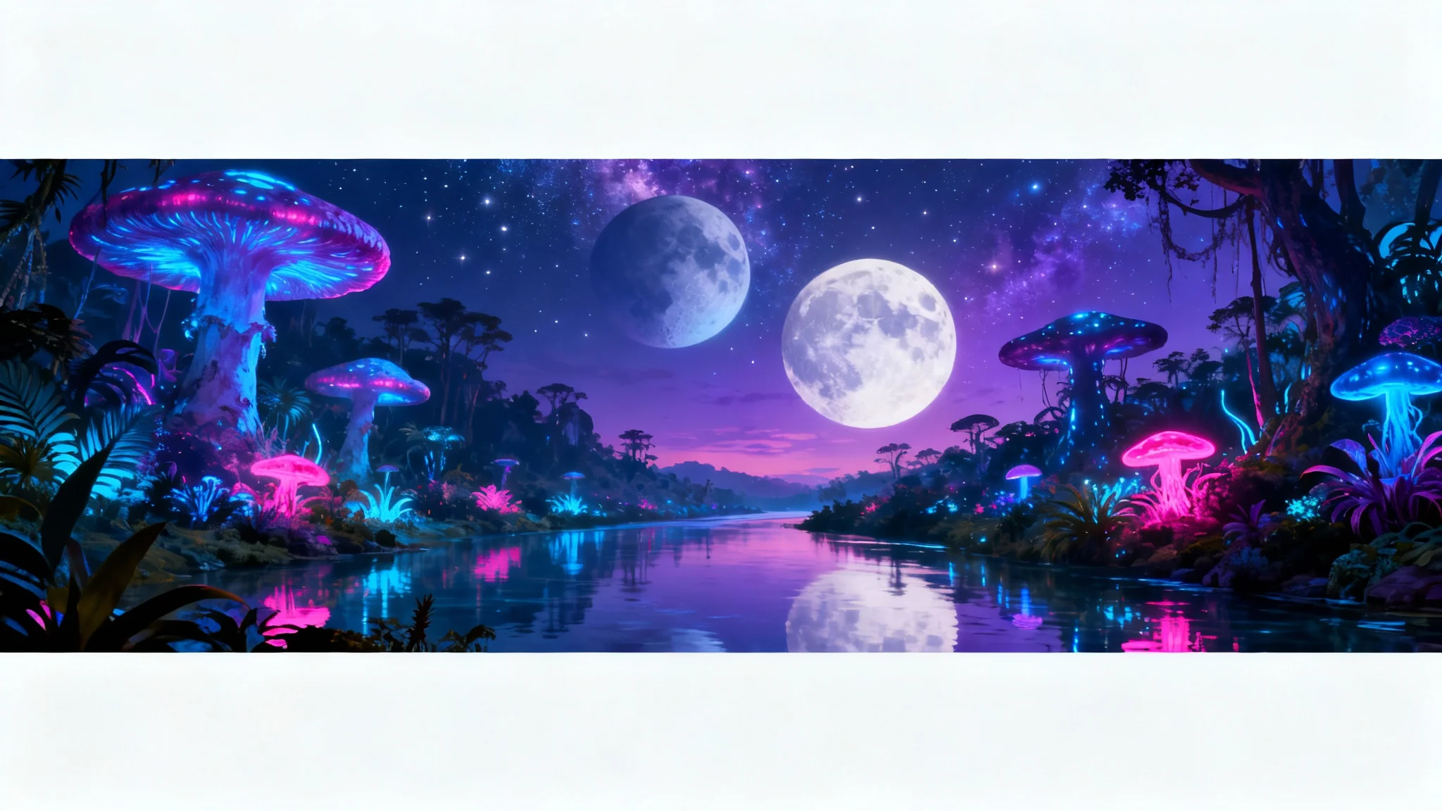 A stunning, hyperrealistic ultrawide wallpaper of a bioluminescent alien forest at night, featuring glowing plants, a serene river, and two moons in a starry sky, presented as a mockup on a white background.