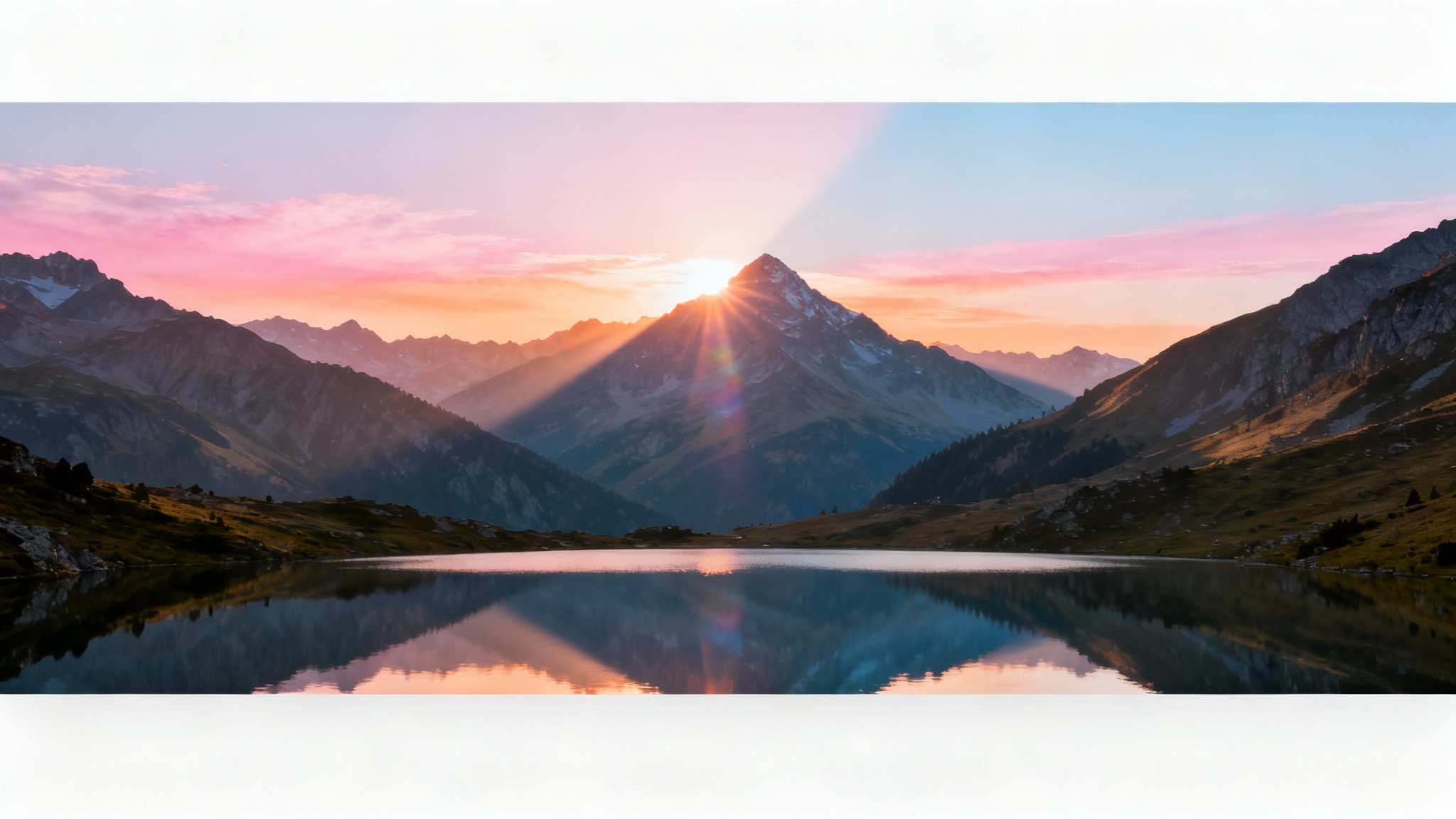 An ultrawide wallpaper showing a photorealistic panoramic view of a mountain range at sunrise, with the colorful sky reflected in a clear alpine lake, presented on a white background.