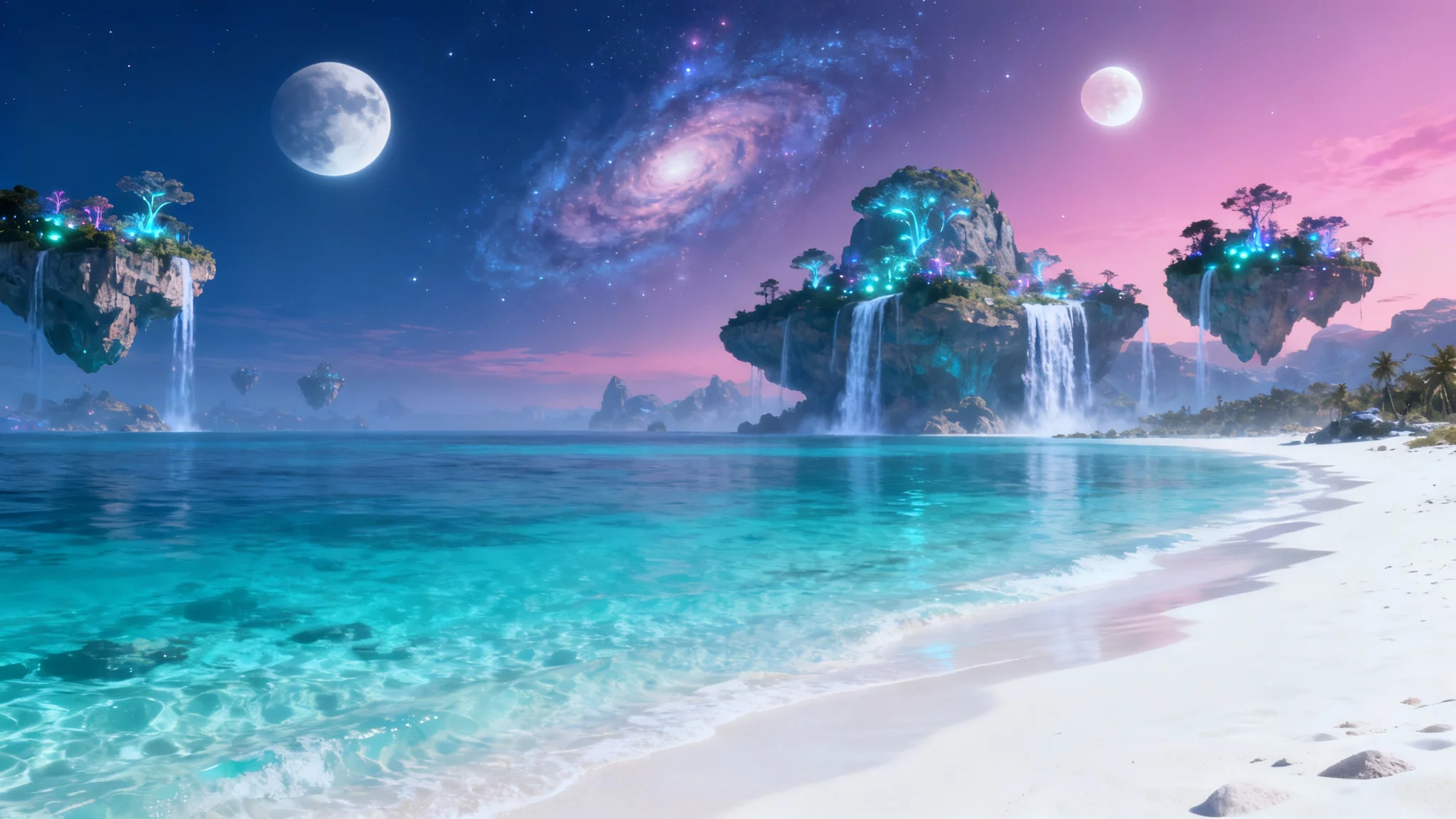An ultrawide digital wallpaper of a fantastical alien beach, with turquoise water, floating islands with waterfalls, and a vibrant nebula in the sky with two moons.