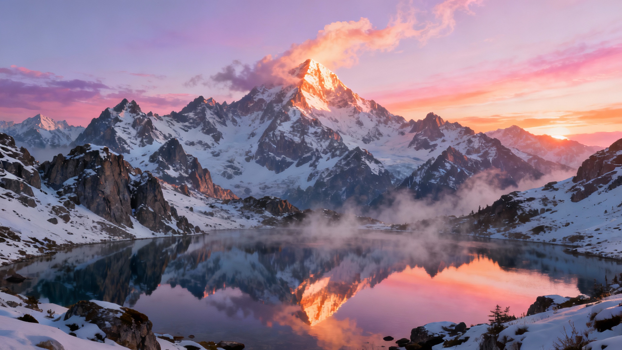 A breathtaking ultrawide fantasy wallpaper of a majestic, snow-capped mountain range at sunrise, perfectly reflected in a crystal-clear alpine lake.