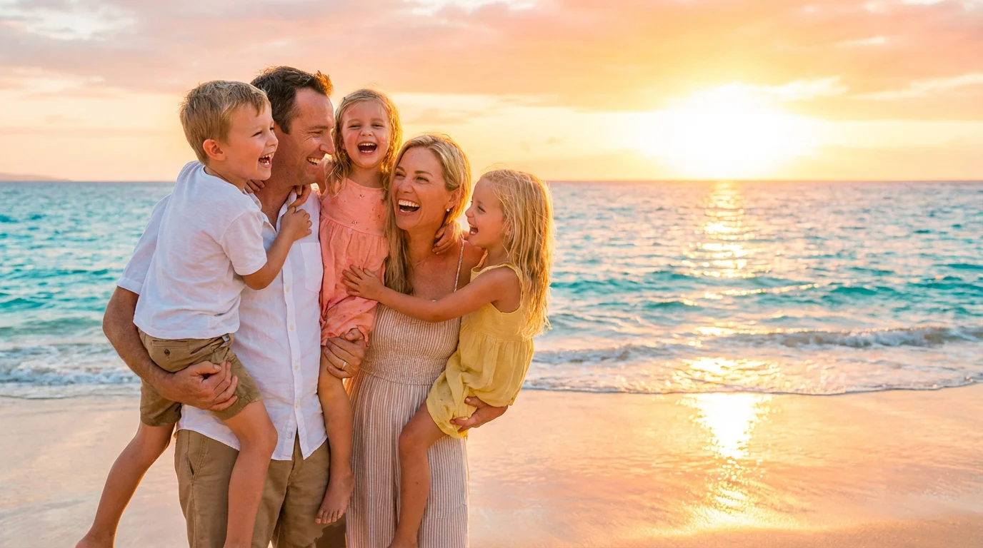 A perfectly brightened photo of a family laughing on the beach at sunset, with vibrant colors and clear details in their faces and the surrounding scenery.