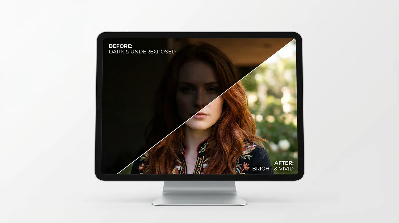 A split-screen comparison image demonstrating a photo brightener. One side shows a dark, underexposed portrait of a woman, and the other side shows the same portrait made bright, clear, and vibrant.