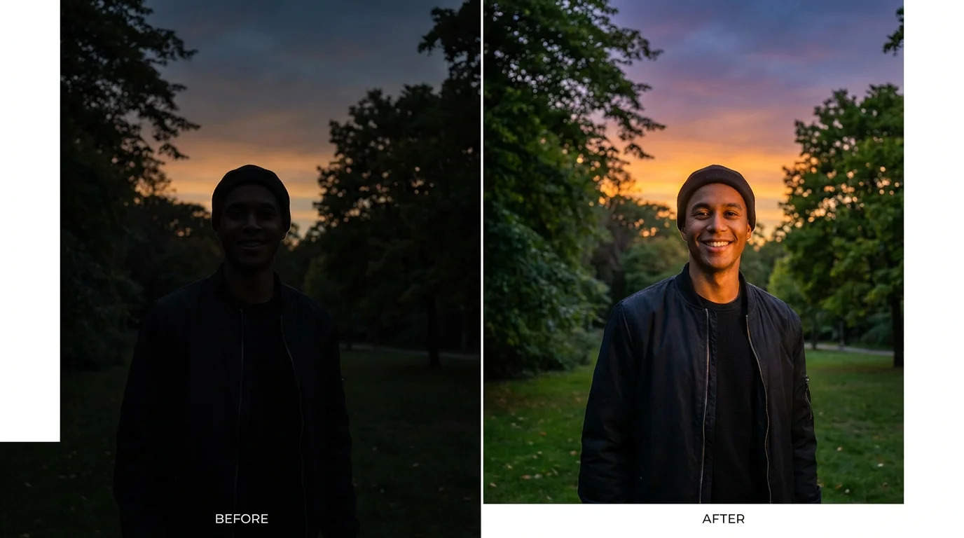 A before-and-after comparison image demonstrating a photo brightener. The left side shows a dark, underexposed portrait, while the right side shows the same photo made bright, clear, and vibrant.