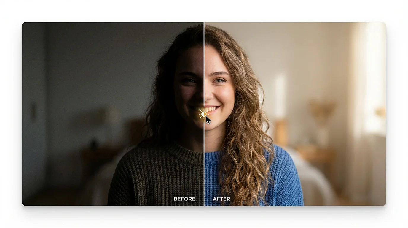 A split-screen image demonstrating a photo brightener. The left side shows a dark, underexposed portrait of a woman, while the right side shows the same photo made bright, clear, and vibrant, revealing her smile and details.