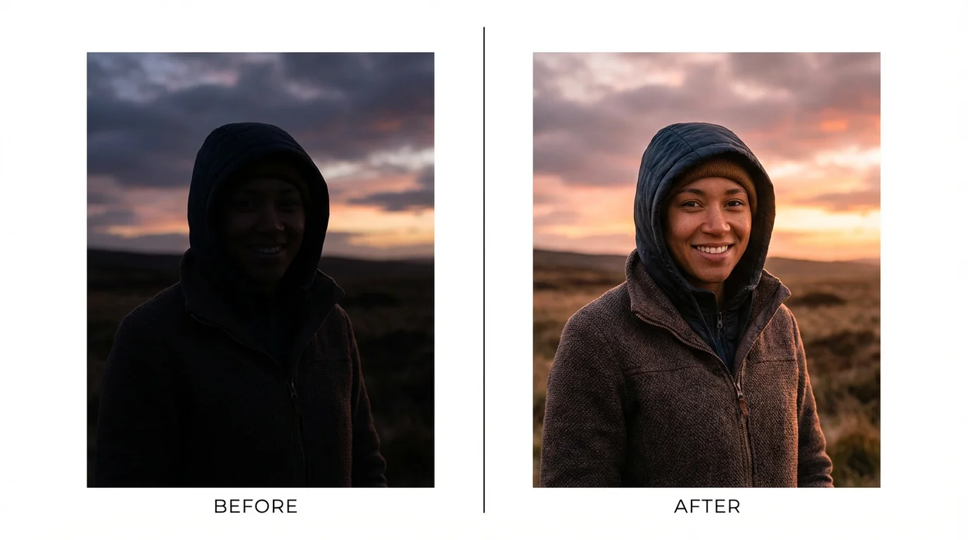 A comparison image demonstrating a photo brightener. The left half shows a dark, underexposed portrait, while the right half shows the same portrait after being brightened, making it clear, vibrant, and detailed.