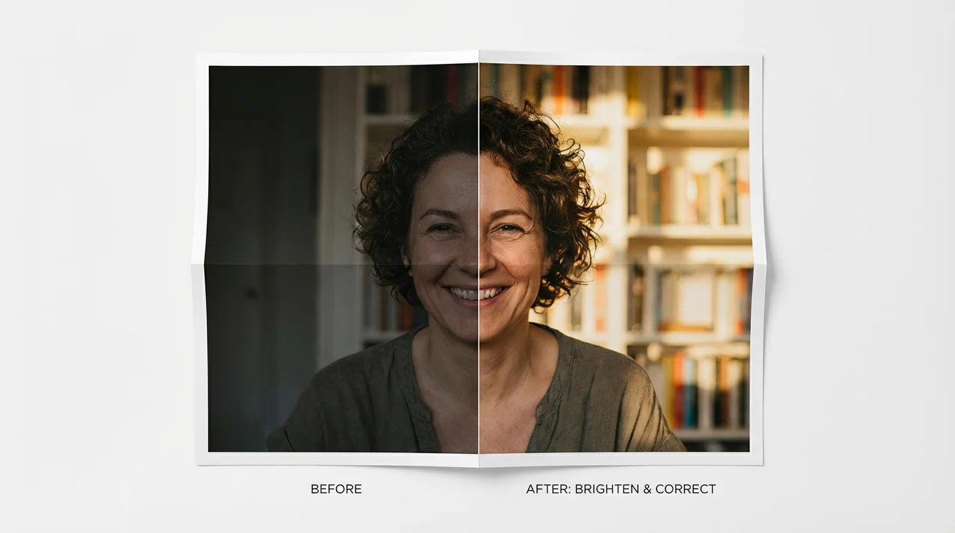 A before-and-after portrait demonstrating a photo brightener. The left side is dark and dull, while the right side is bright, clear, and vibrant.