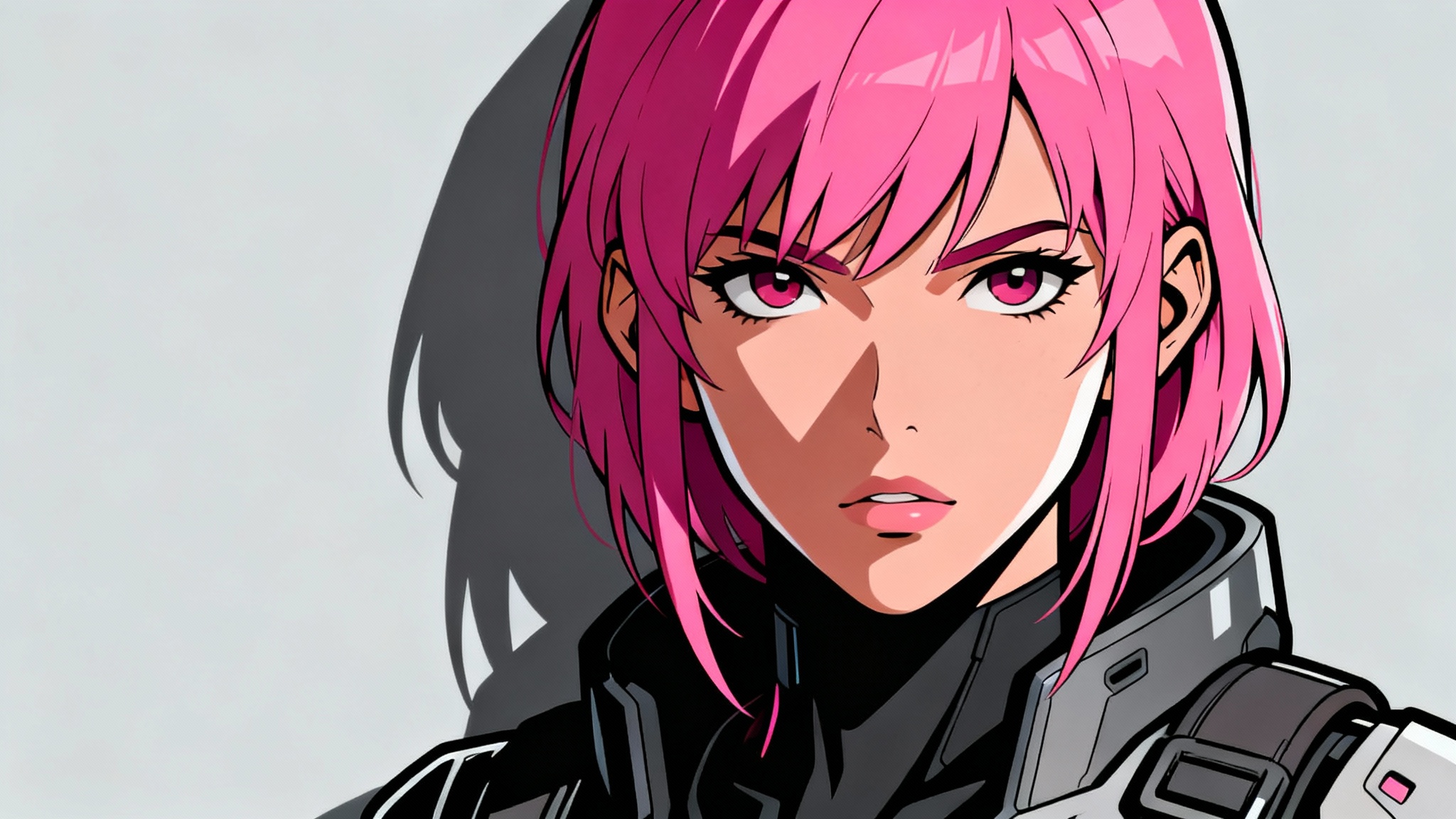 A hero image showcasing a cel-shaded art style, featuring a detailed portrait of a woman with pink hair against a gray background. The art has bold black outlines and flat, hard-edged shadows, resembling a high-quality comic book or anime.
