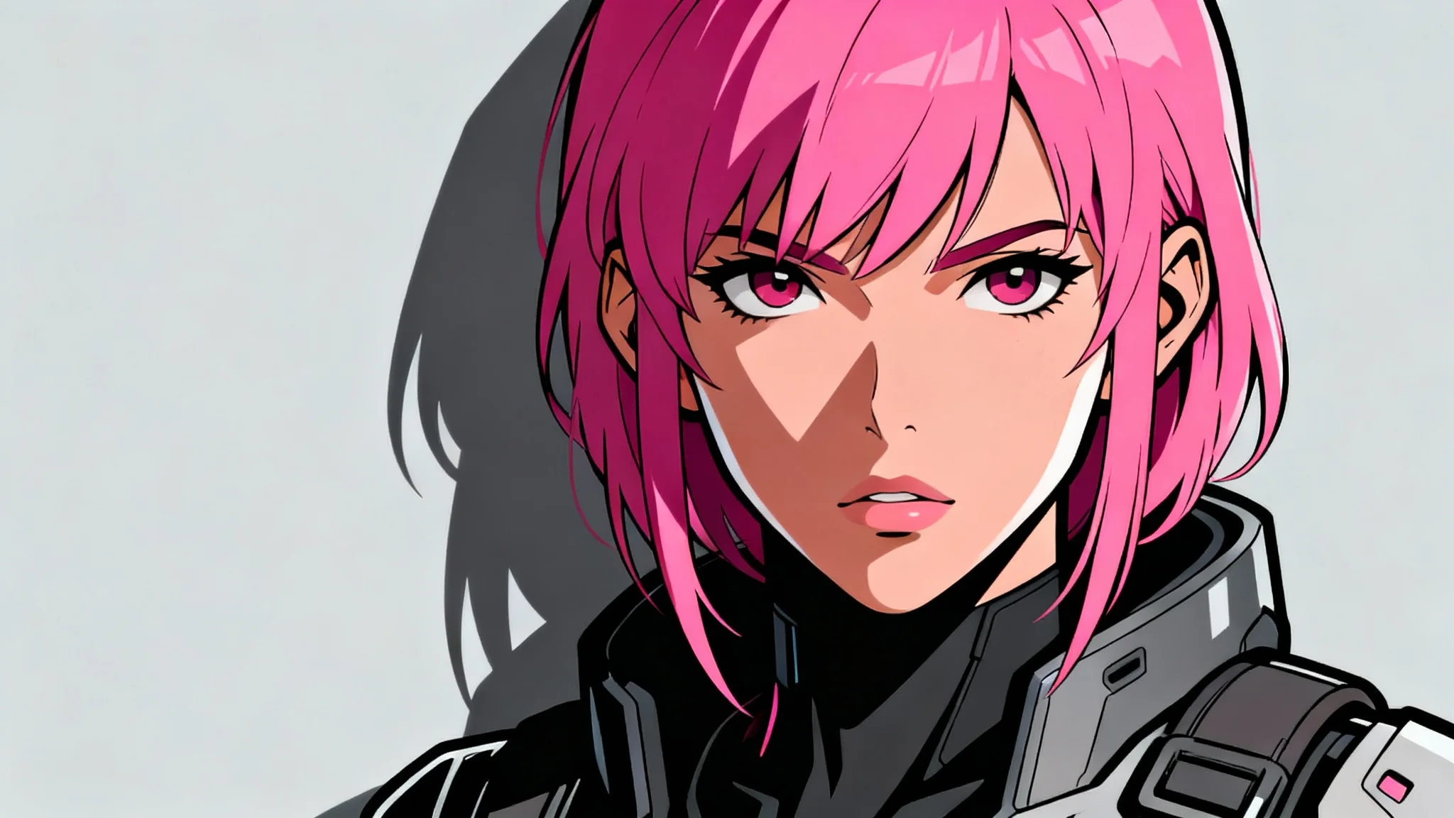 A hero image showcasing a cel-shaded art style, featuring a detailed portrait of a woman with pink hair against a gray background. The art has bold black outlines and flat, hard-edged shadows, resembling a high-quality comic book or anime.