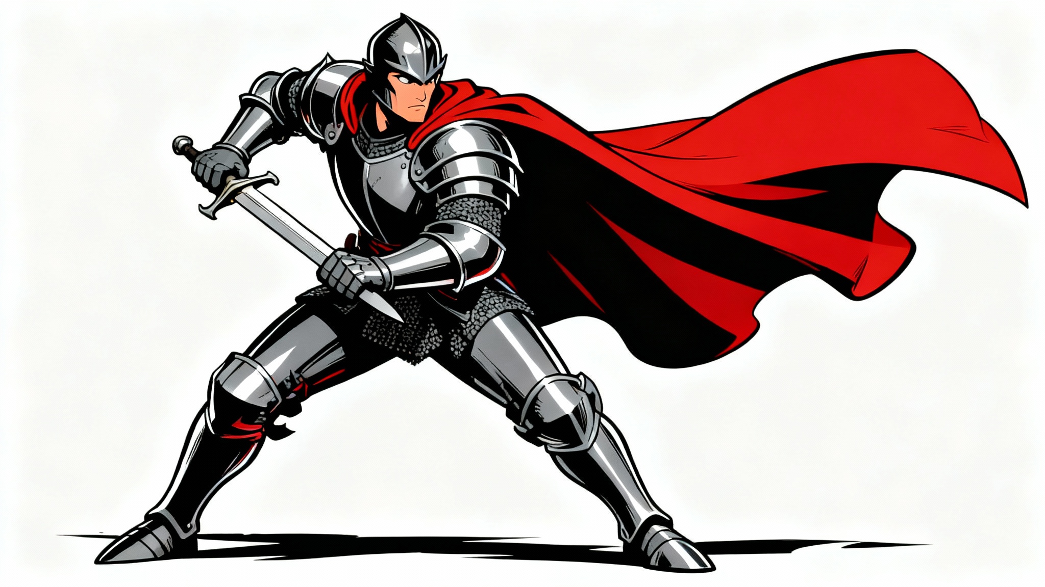 A knight in full armor and a red cape, depicted in a cel-shaded animation style with bold outlines and flat colors, standing against a white background.