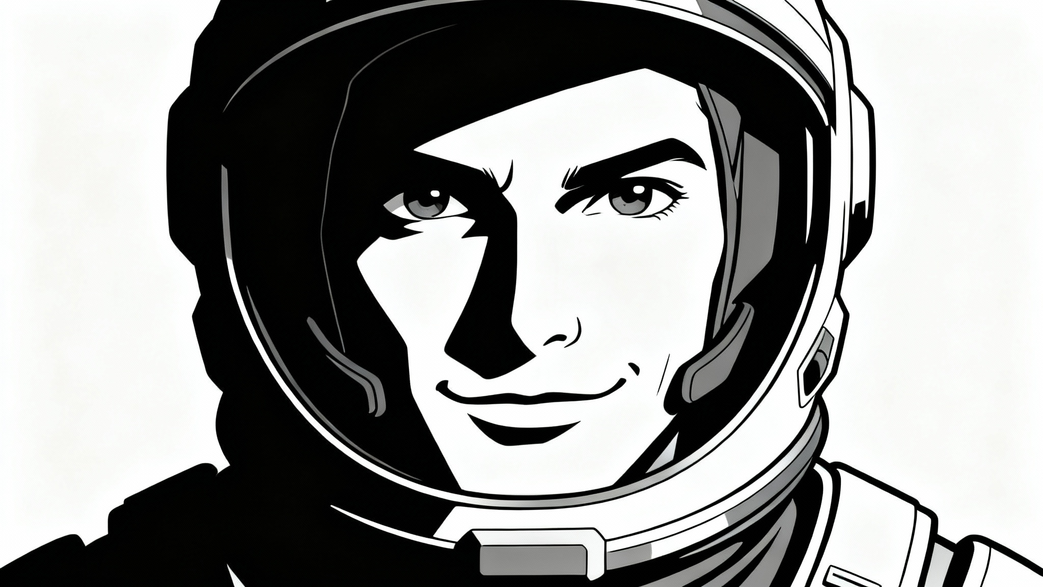 A portrait of a space explorer created in a cel shade art style, featuring bold outlines and distinct, hard-edged shadows, isolated against a white background.