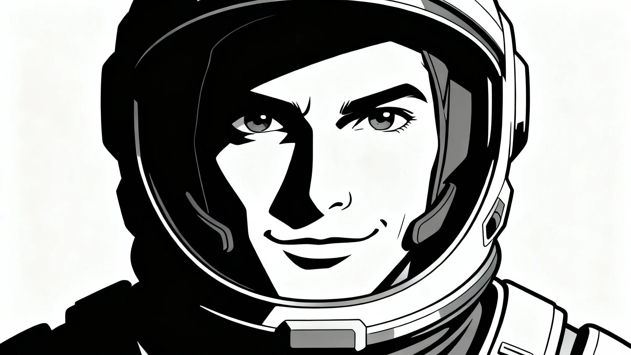 A portrait of a space explorer created in a cel shade art style, featuring bold outlines and distinct, hard-edged shadows, isolated against a white background.