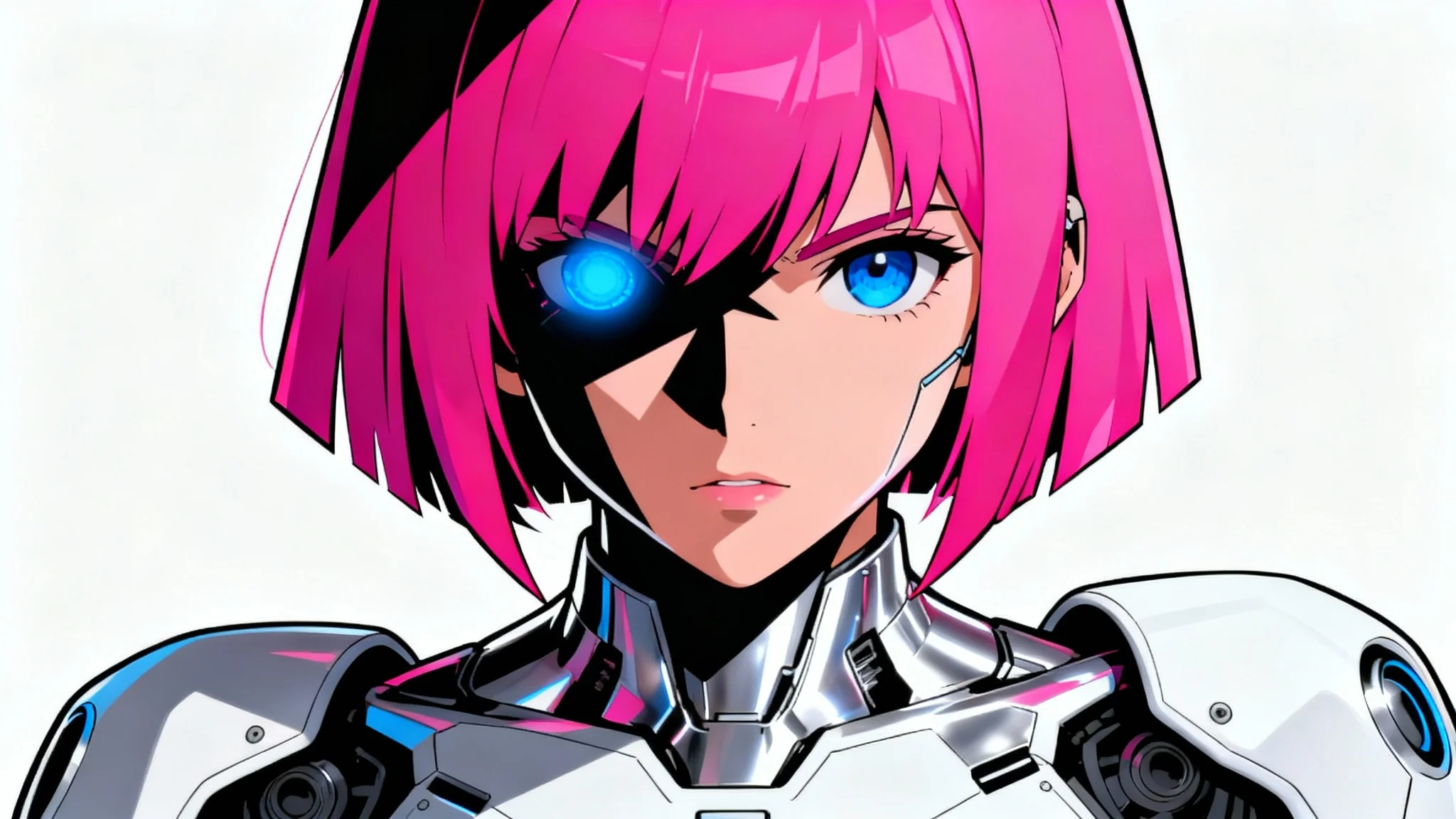 A cel-shaded illustration of a futuristic cyborg woman with bright pink hair and a cybernetic eye, against a plain white background.