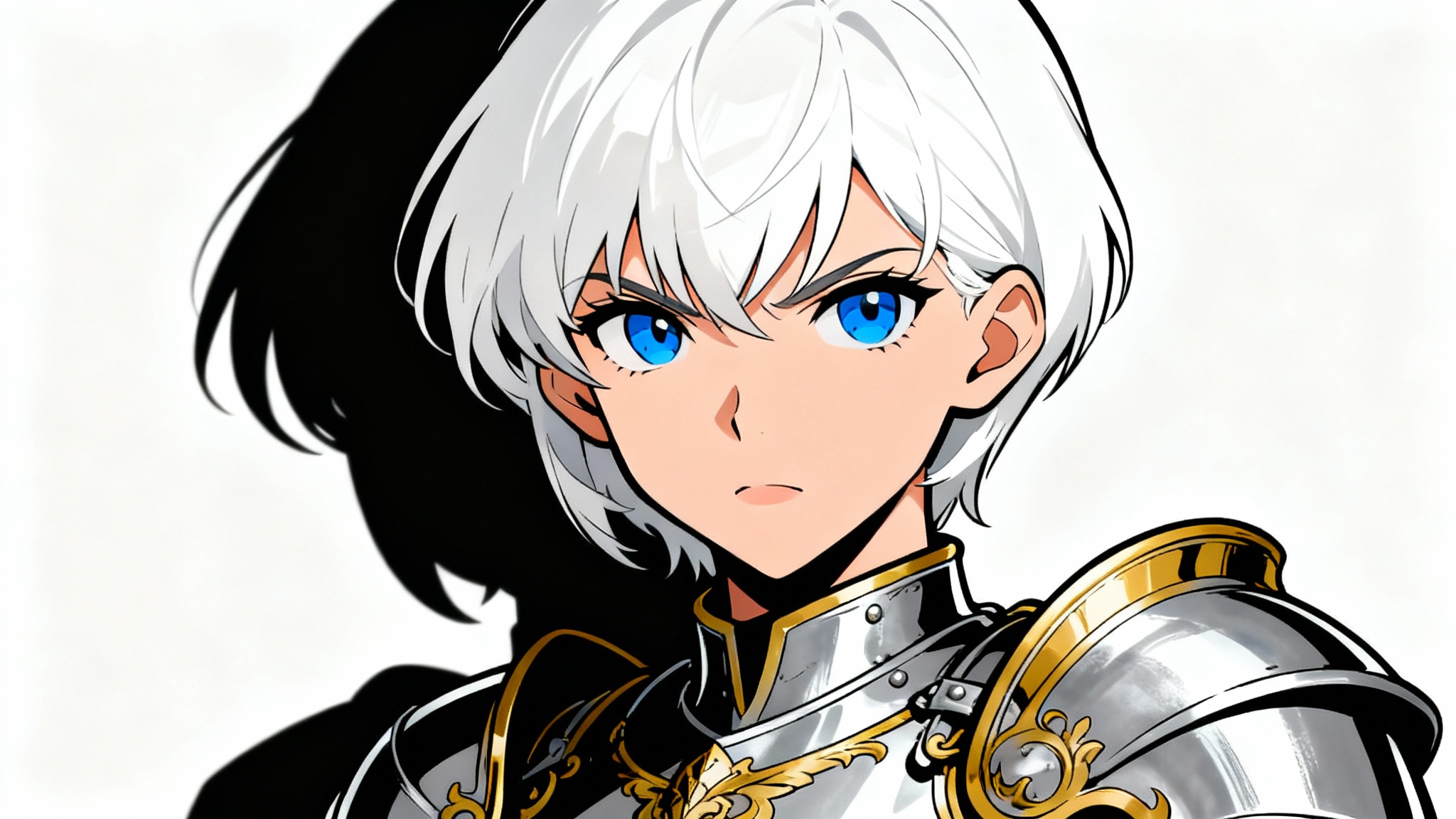 A cel-shaded illustration of a female knight with white hair and blue eyes, wearing silver and gold armor, depicted in a graphic novel style against a white background.