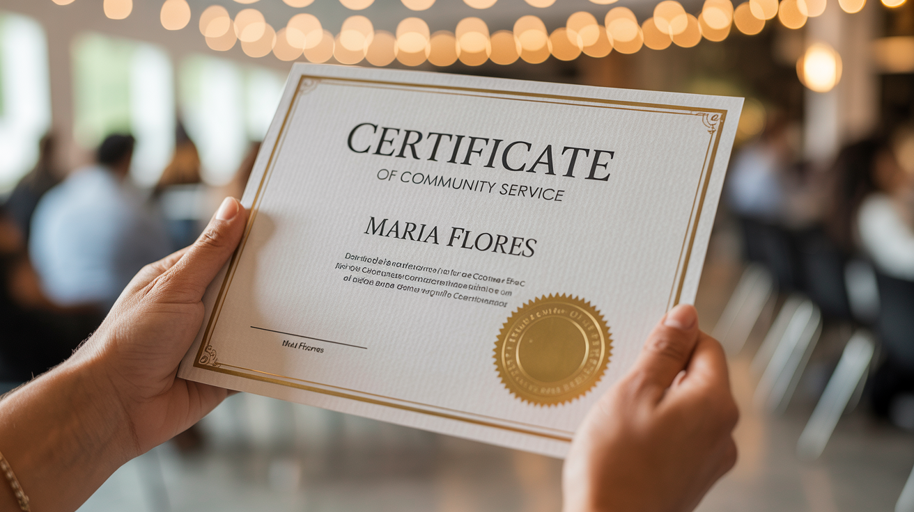 A close-up photo of a person's hands proudly holding a beautifully designed community service certificate with a gold seal, set against the soft-focus background of a celebratory event.