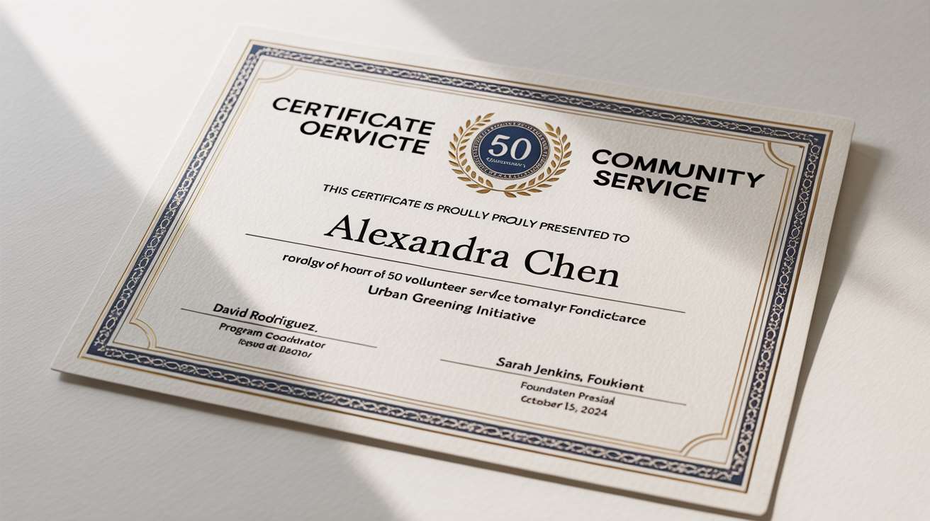 An elegant, professionally designed community service certificate awarded to 'Alexandra Chen' for volunteer work, featuring a gold seal and navy blue border, displayed on a clean white background.