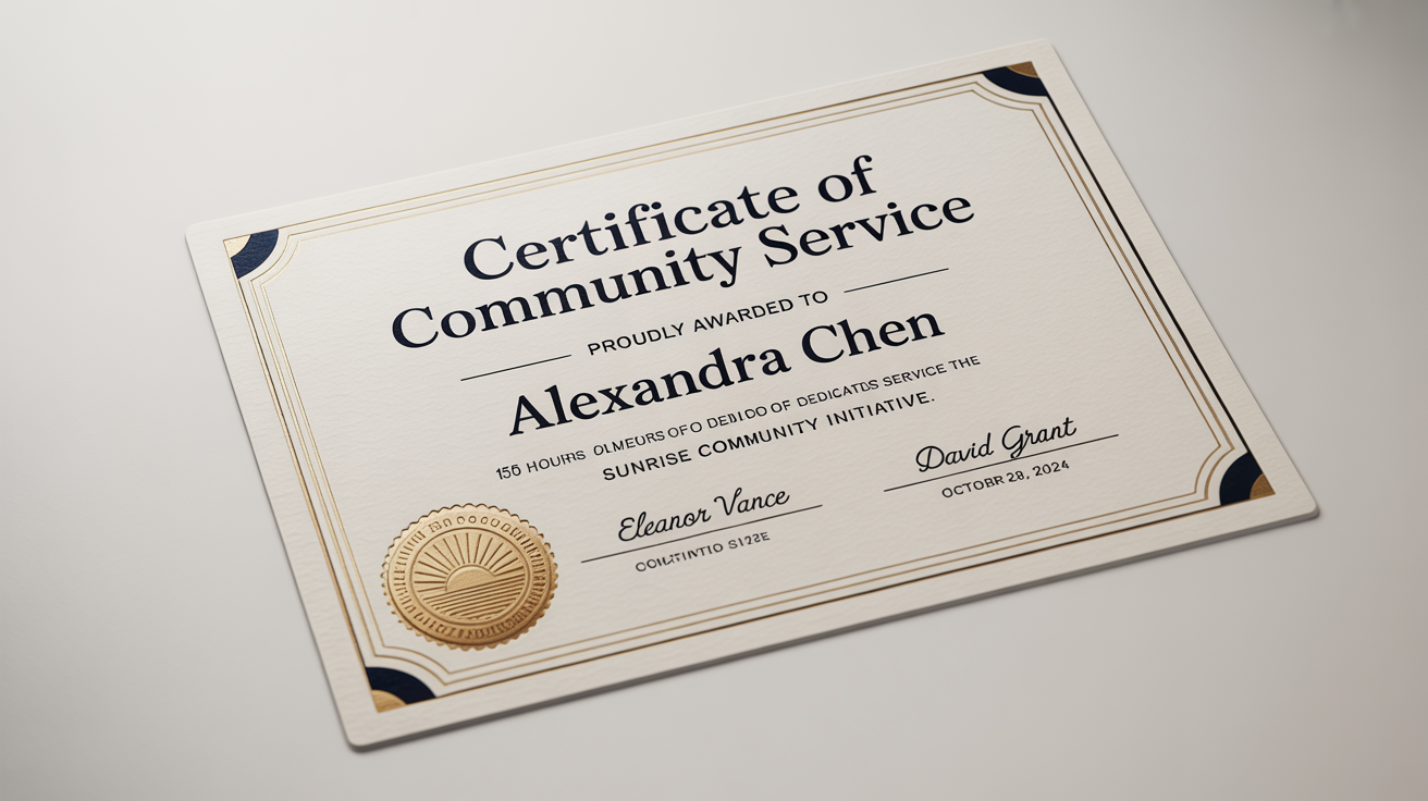 A professional mockup of a modern community service certificate for 'Alexandra Chen', featuring a navy blue and gold design with a gold foil seal, presented on a clean white background.