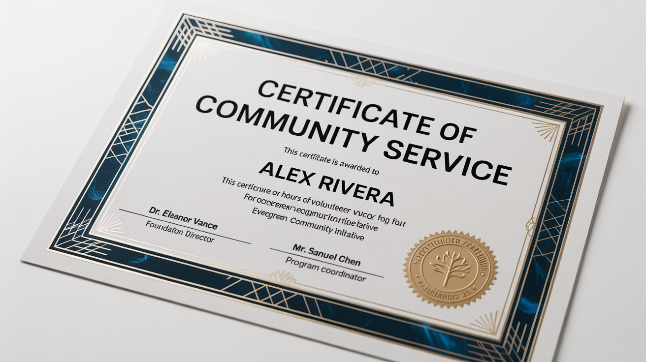 A professionally designed community service certificate for the 'Evergreen Community Initiative', featuring elegant navy blue and gold foil details, lying on a clean white background.