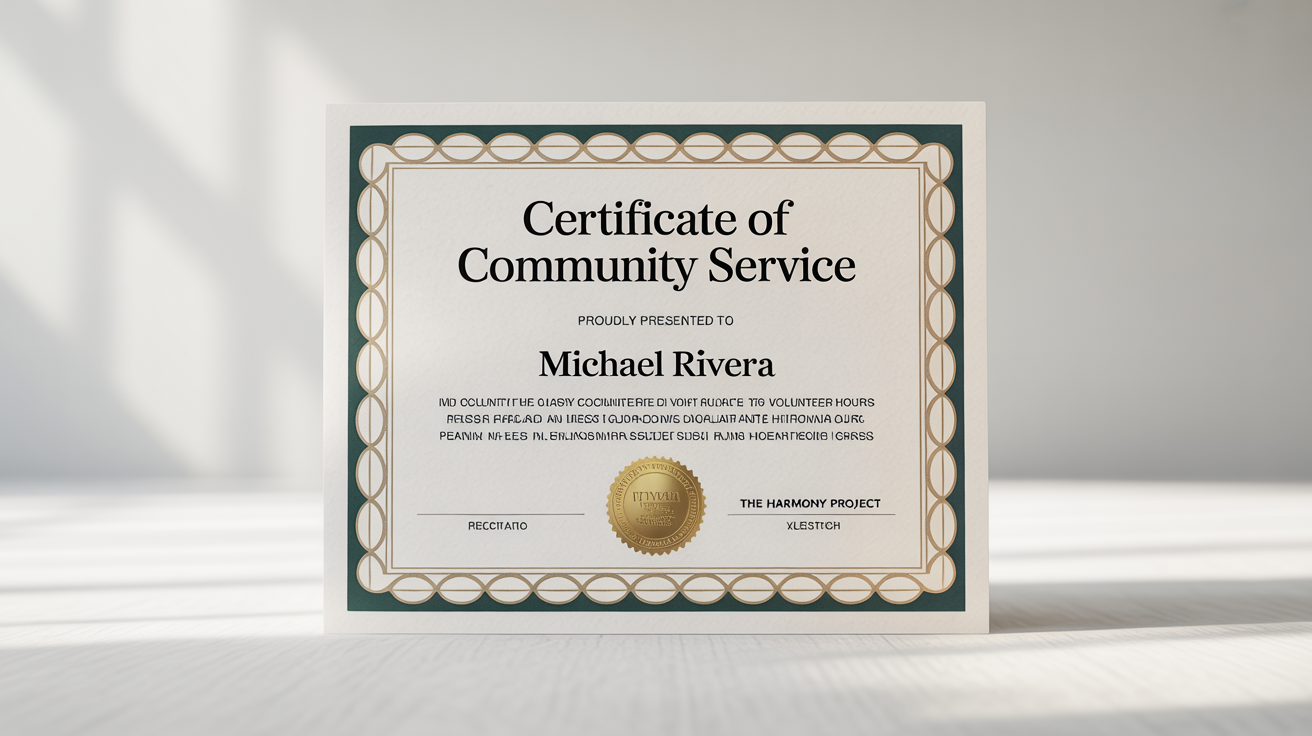 A professional mockup of a community service certificate awarded to 'Michael Rivera' for 150 volunteer hours, featuring a gold and green border and an official gold seal, all on a clean white background.