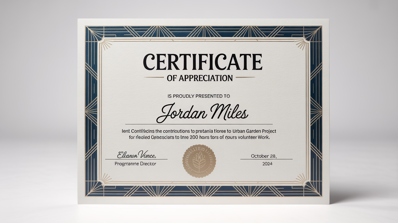 A professional mockup of a community service certificate for 'Jordan Miles', featuring an elegant blue and gold border, a gold foil seal, and sophisticated typography on textured paper, set against a white background.