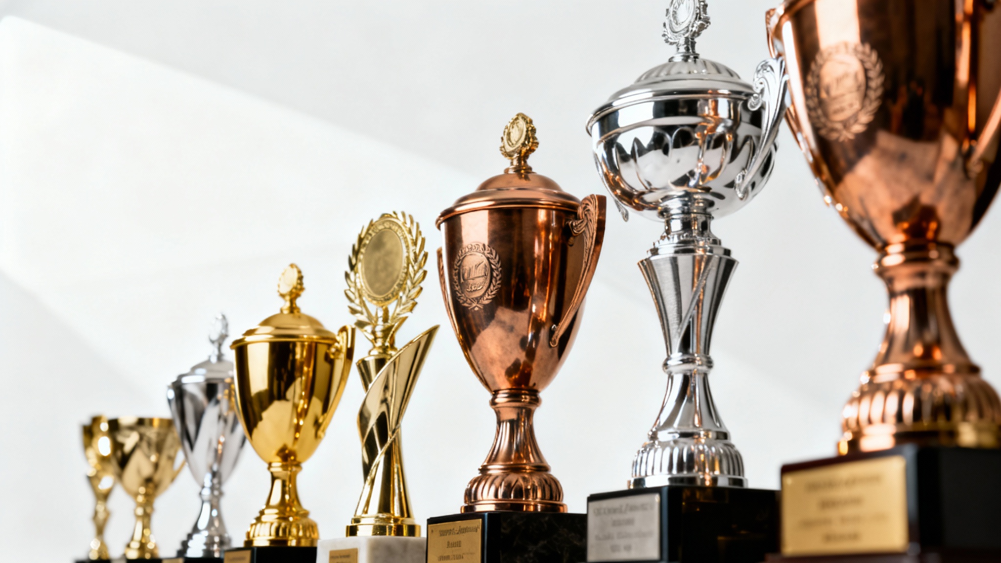 A collection of photorealistic gold, silver, and bronze trophies of different designs, arranged dynamically against a clean white background, showcasing high-quality PNG image results.