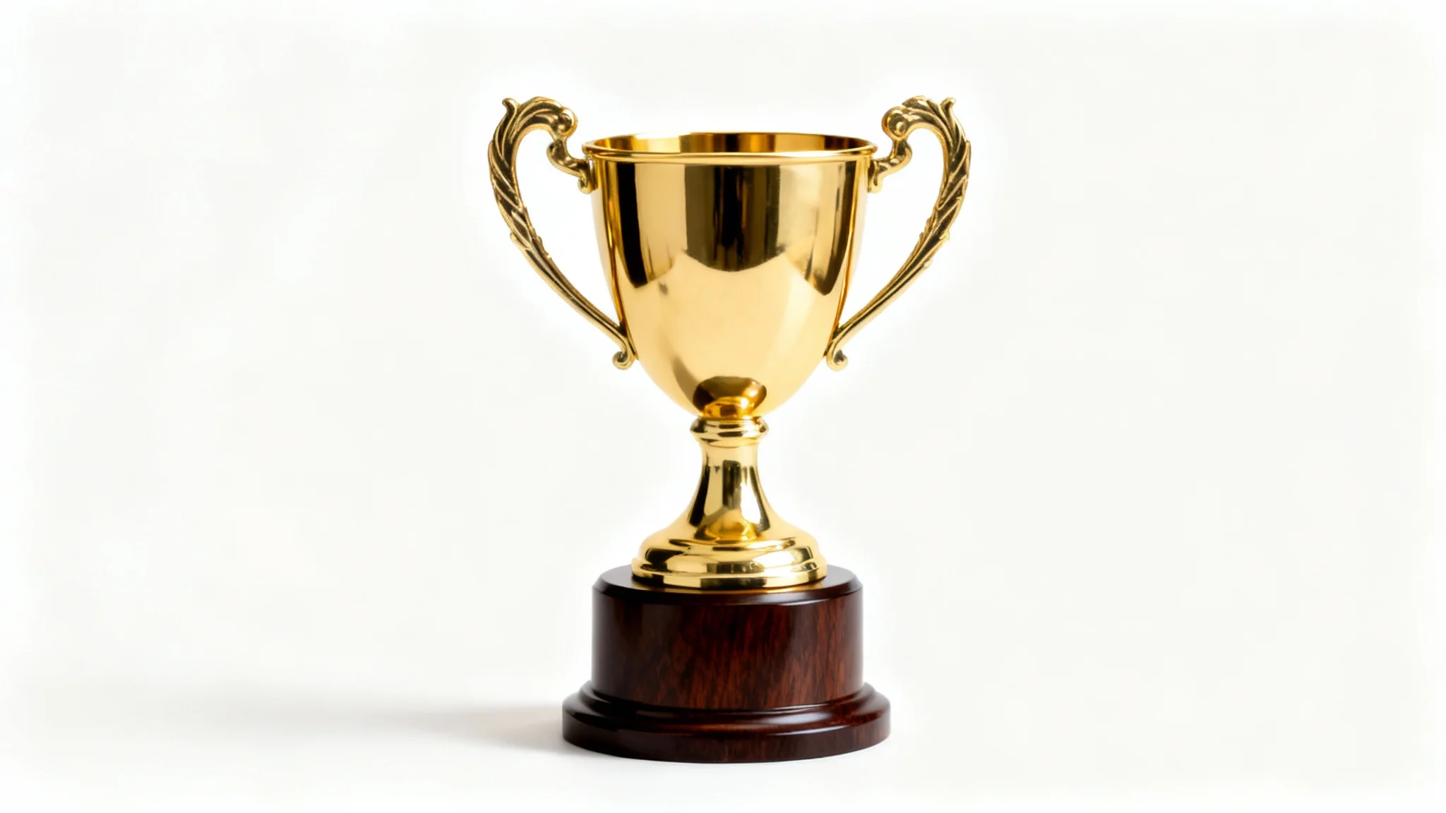 A photorealistic image of a classic gold trophy cup with elegant handles and a wooden base, isolated against a solid white background.