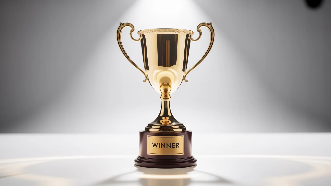 A photorealistic image of a classic gold cup trophy on a wooden base with a plaque that says 'WINNER', set against a plain white background.