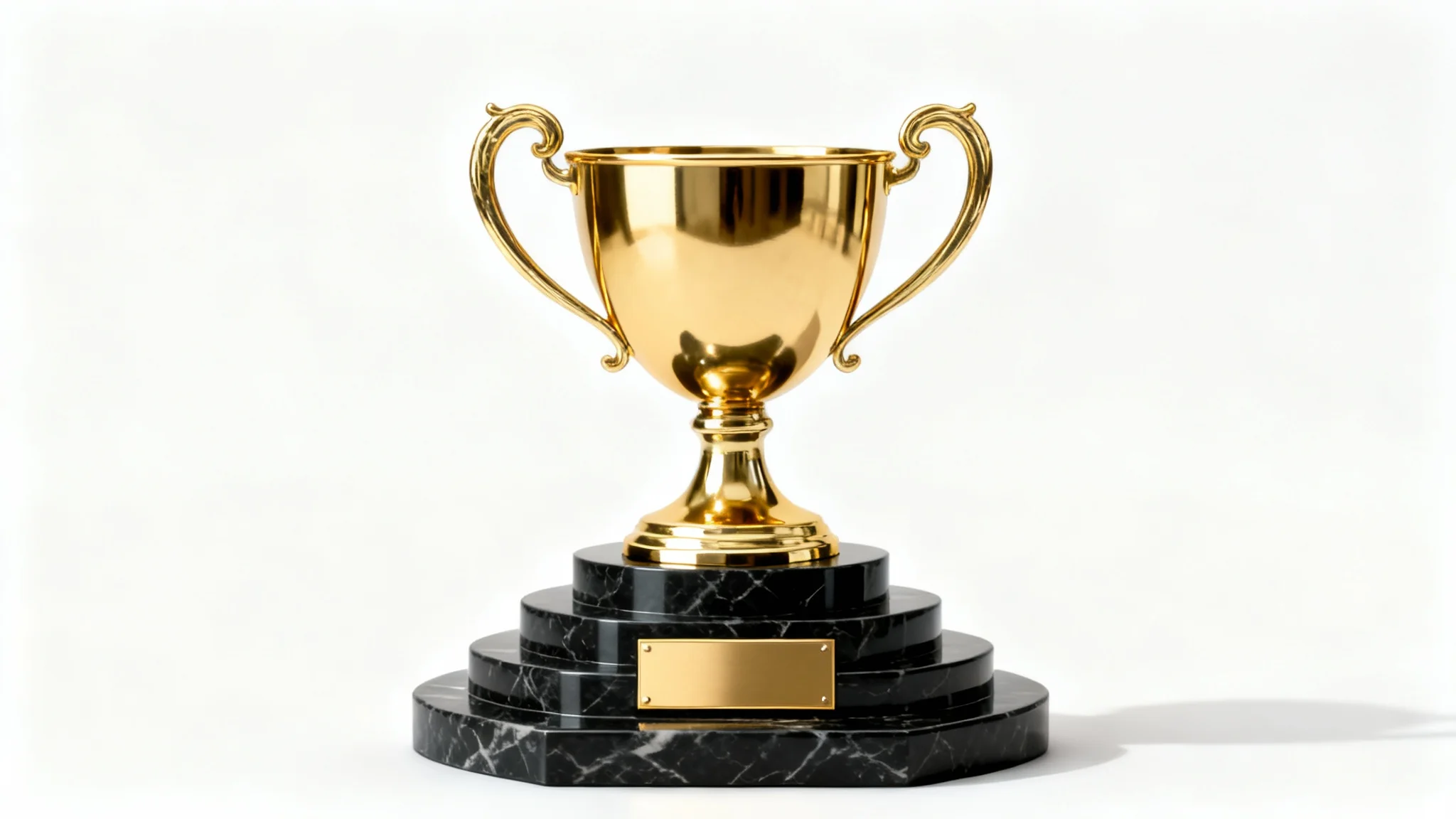 A photorealistic mockup of a shiny gold trophy with a black marble base, set against a clean white background, symbolizing achievement.
