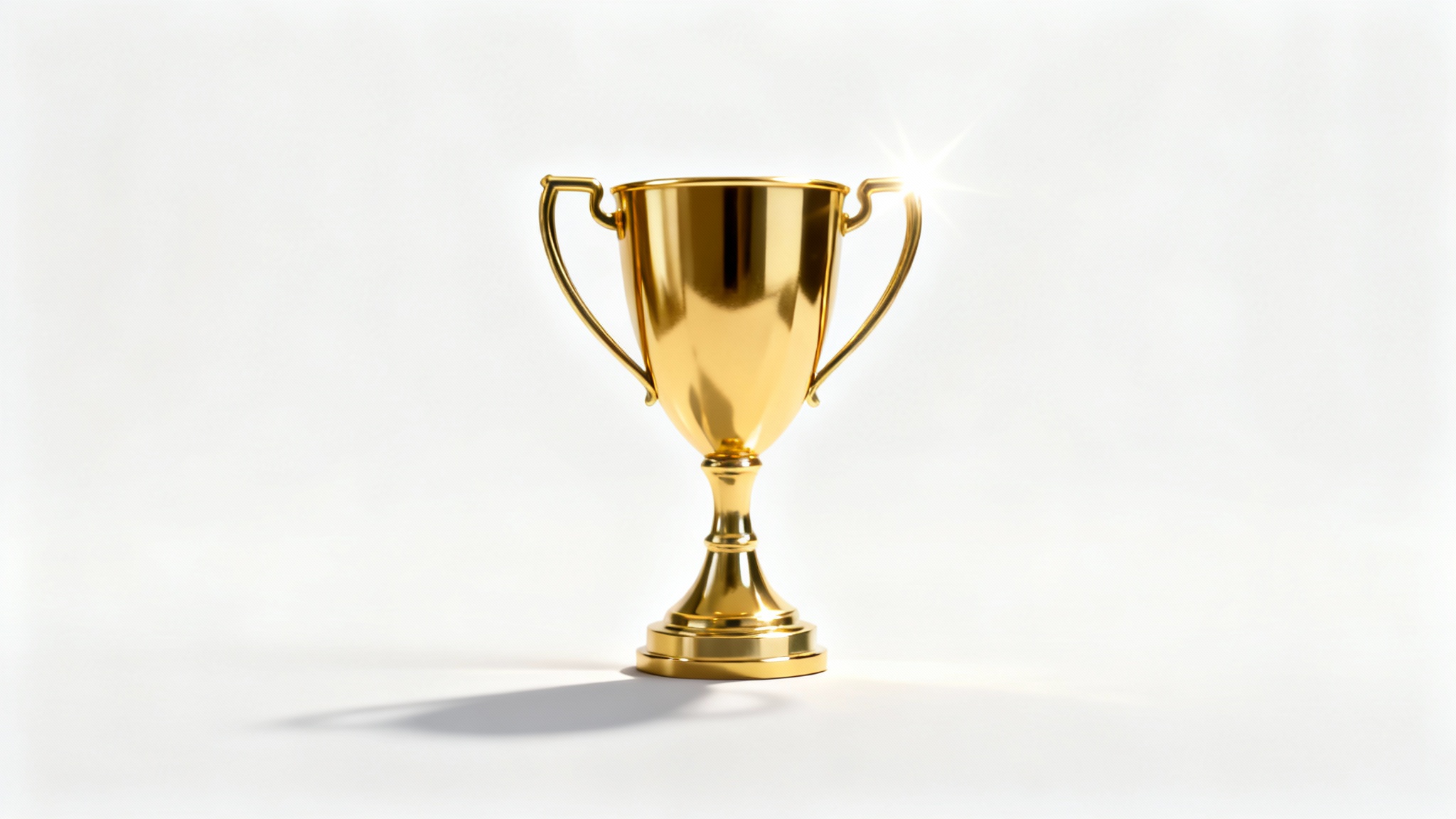 A close-up photograph of a shiny, modern gold trophy with two handles, symbolizing victory and achievement, set against a stark white background.