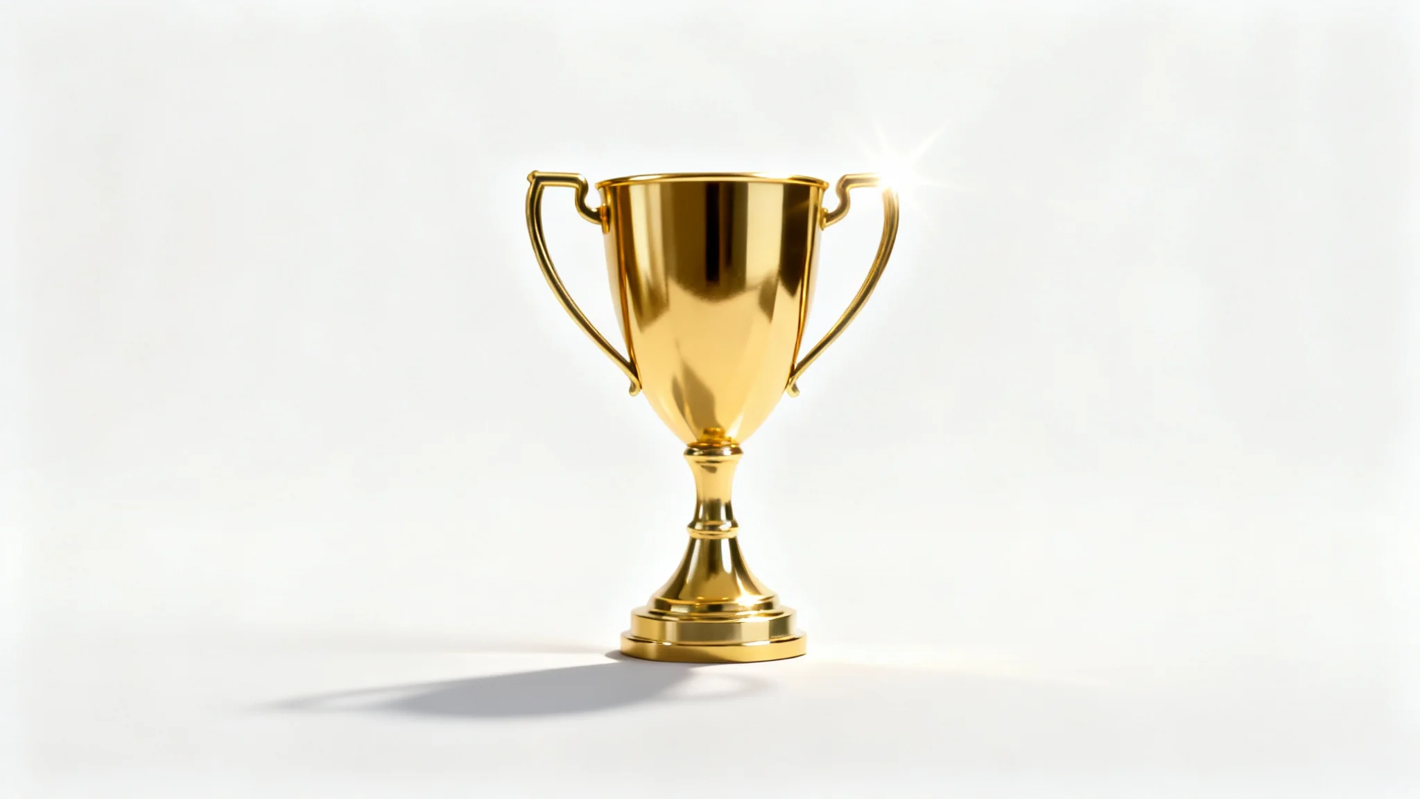 A close-up photograph of a shiny, modern gold trophy with two handles, symbolizing victory and achievement, set against a stark white background.