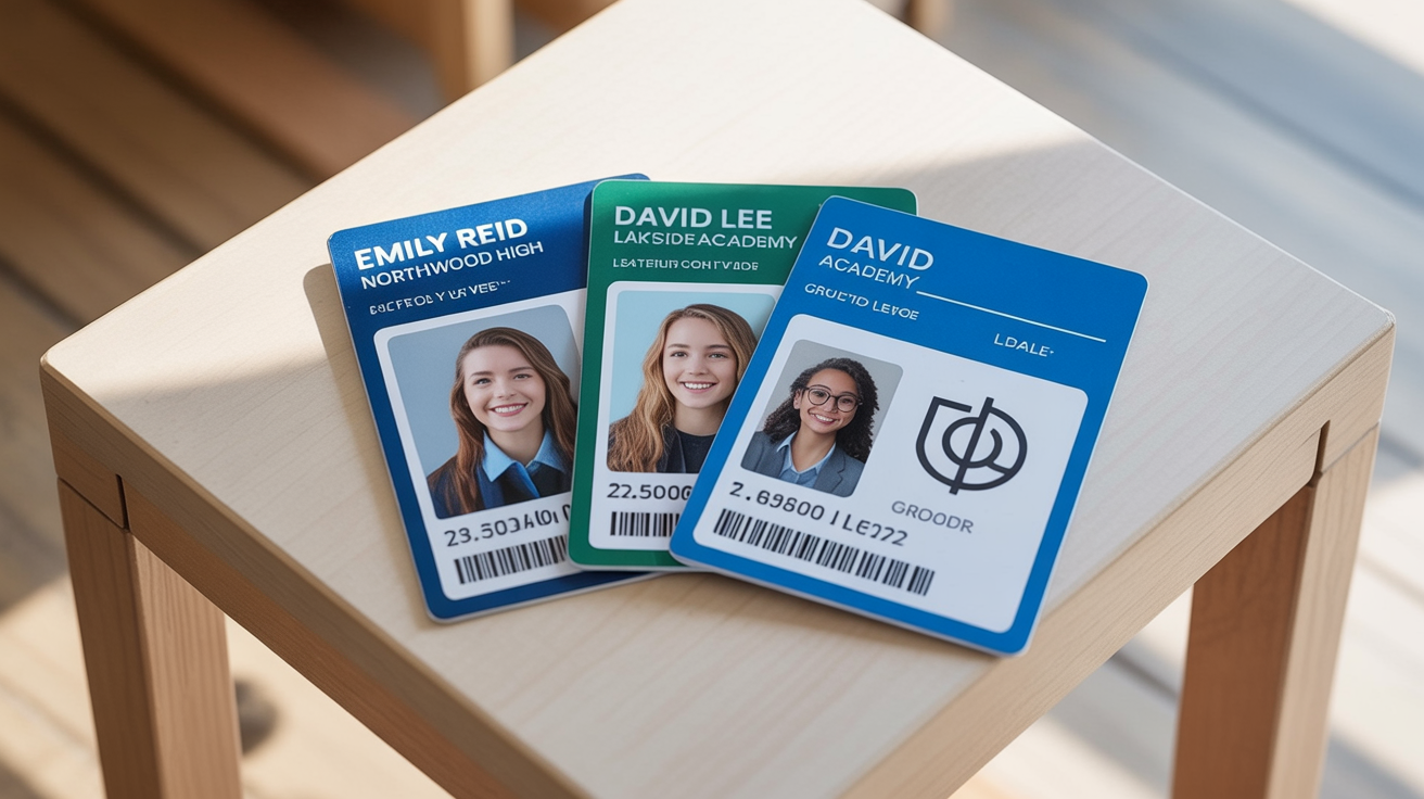 An eye-catching arrangement of three different modern school ID card designs, showcasing various templates with different colors, layouts, and photos.