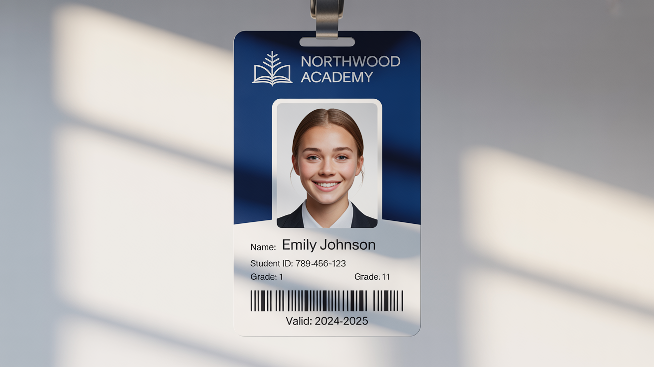 A photorealistic mockup of a student ID card for Northwood Academy, featuring a student's photo and details, displayed on a clean white background.