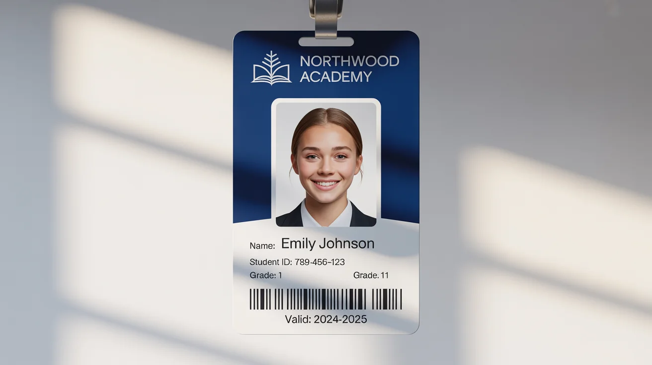 A photorealistic mockup of a student ID card for Northwood Academy, featuring a student's photo and details, displayed on a clean white background.