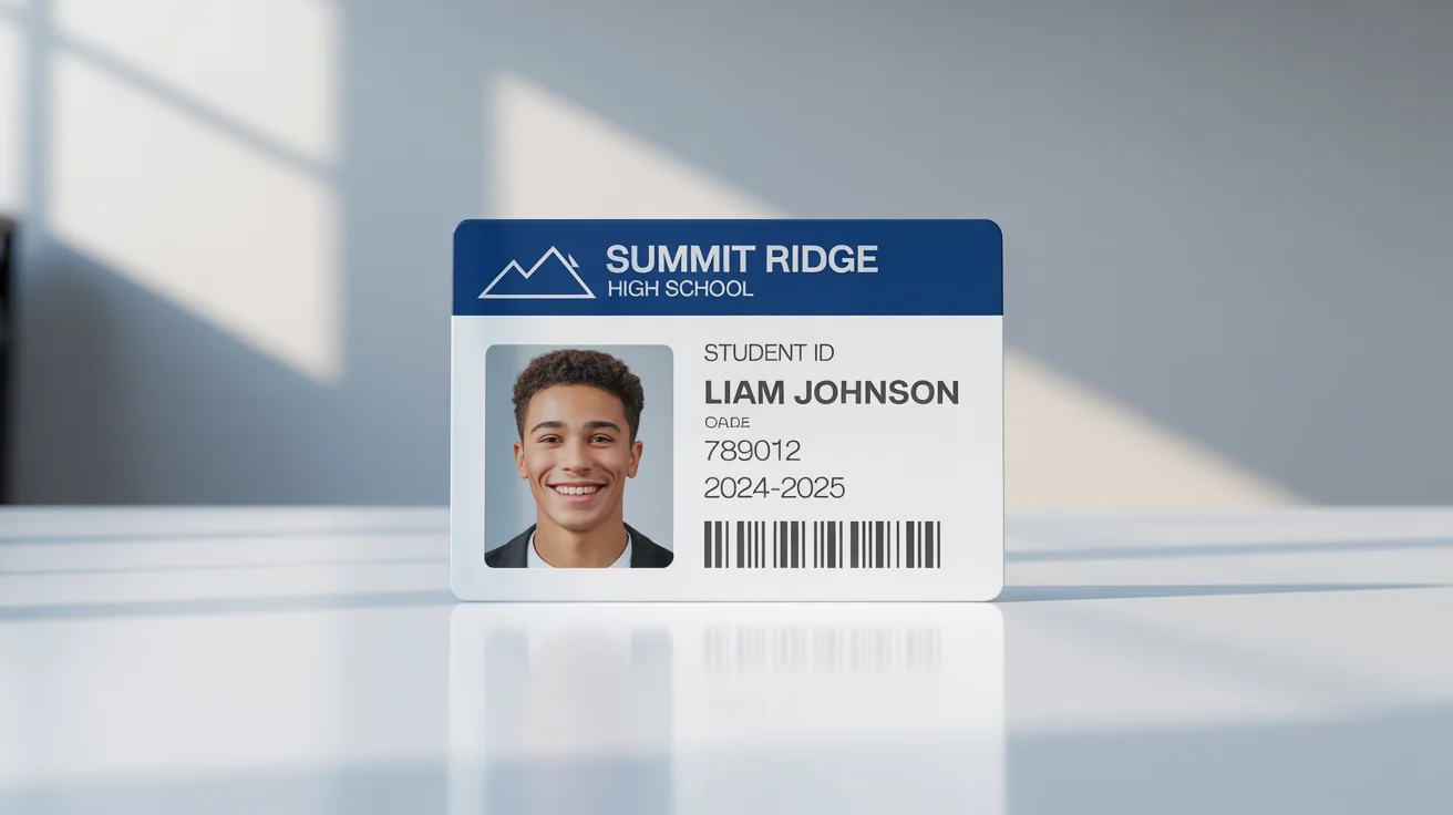 A mockup of a professional-looking school ID card for 'Summit Ridge High School', featuring a student photo and details, displayed on a clean white background.