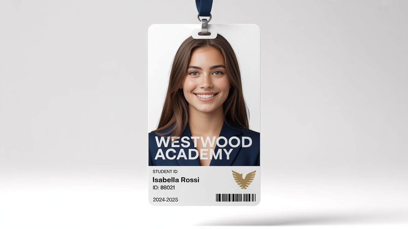 A photorealistic mockup of a student ID card for 'Westwood Academy', featuring a student's photo, name, and ID number on a clean white background.