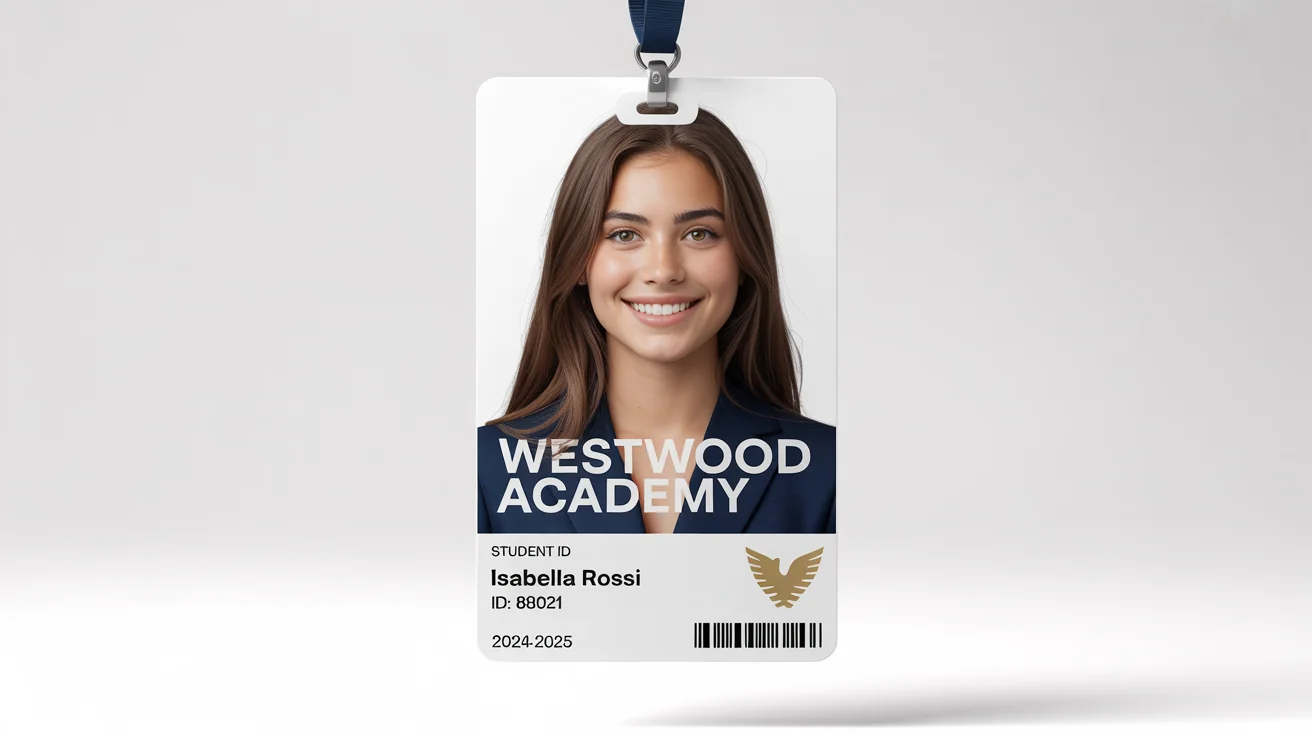 A photorealistic mockup of a student ID card for 'Westwood Academy', featuring a student's photo, name, and ID number on a clean white background.
