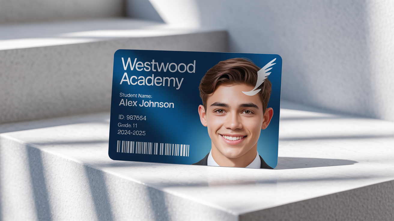 A realistic mockup of a school ID card for 'Westwood Academy', featuring a student's photo, name, and ID number on a clean white background.