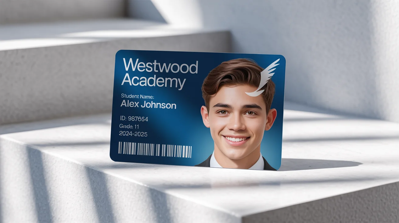 A realistic mockup of a school ID card for 'Westwood Academy', featuring a student's photo, name, and ID number on a clean white background.