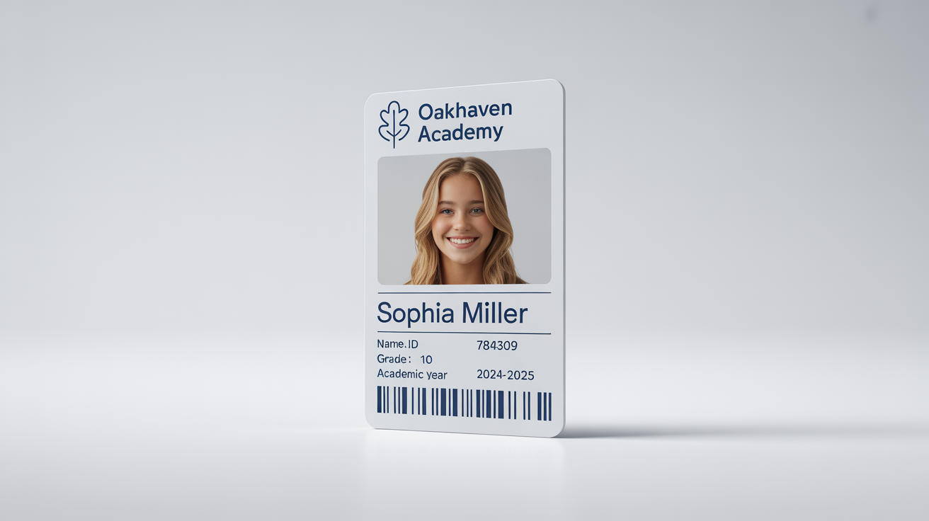 A mockup of a modern student ID card for 'Oakhaven Academy', showing a student's photo and details on a crisp white background.