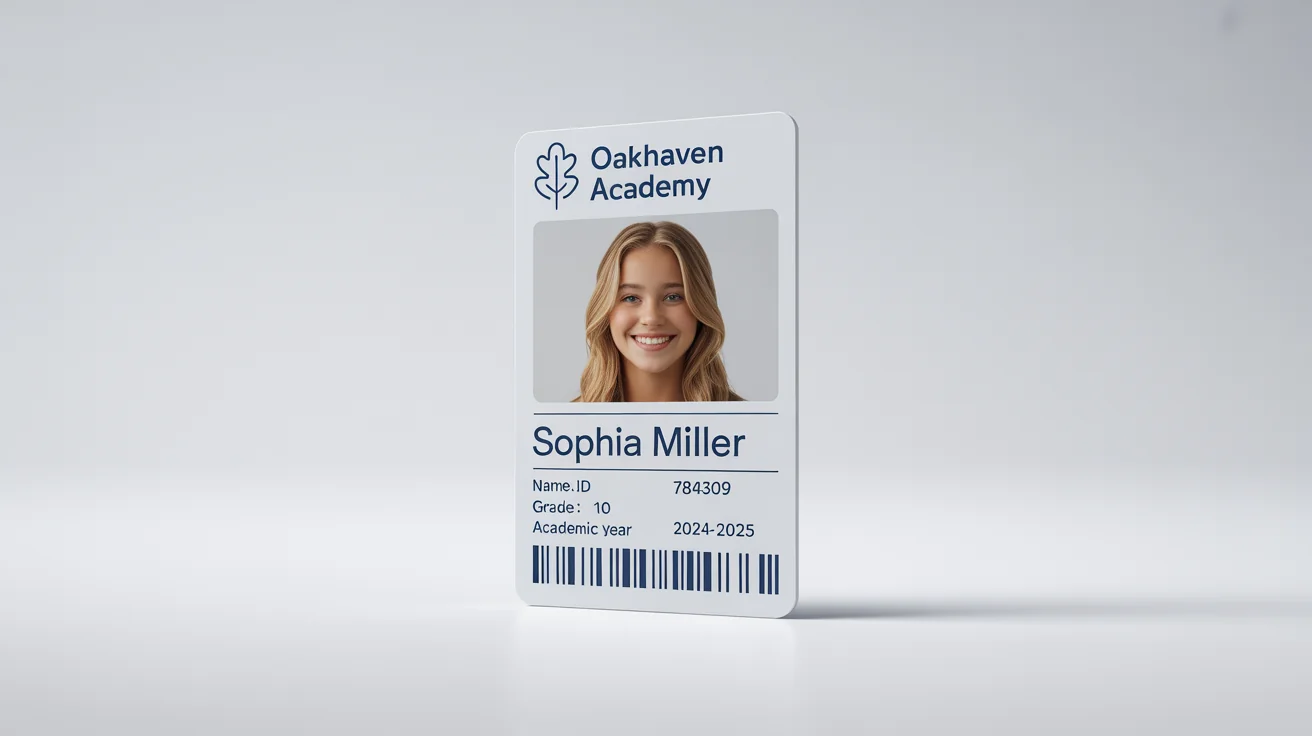 A mockup of a modern student ID card for 'Oakhaven Academy', showing a student's photo and details on a crisp white background.