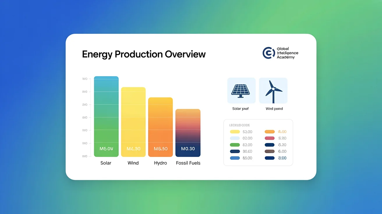 A polished 16:9 presentation slide with a blue-to-green gradient background, displaying a bar chart titled 'Energy Production Overview'. The chart compares solar, wind, hydro, and fossil fuels, with stylized icons of a solar panel and wind turbine on the side and a logo for 'Global Intelligence Academy' in the corner.