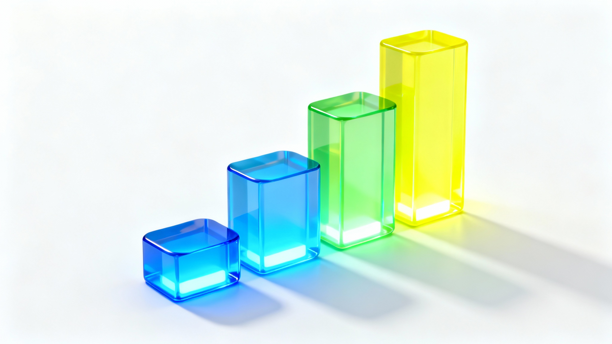 A sleek 3D bar chart with glowing blue and green bars of different heights, representing energy data, set against a clean white background.
