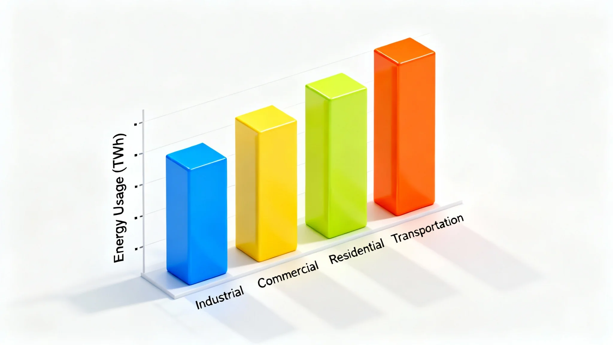 A modern 3D bar chart mockup on a white background, showing energy usage across four categories: Industrial, Commercial, Residential, and Transportation, represented by colorful bars.