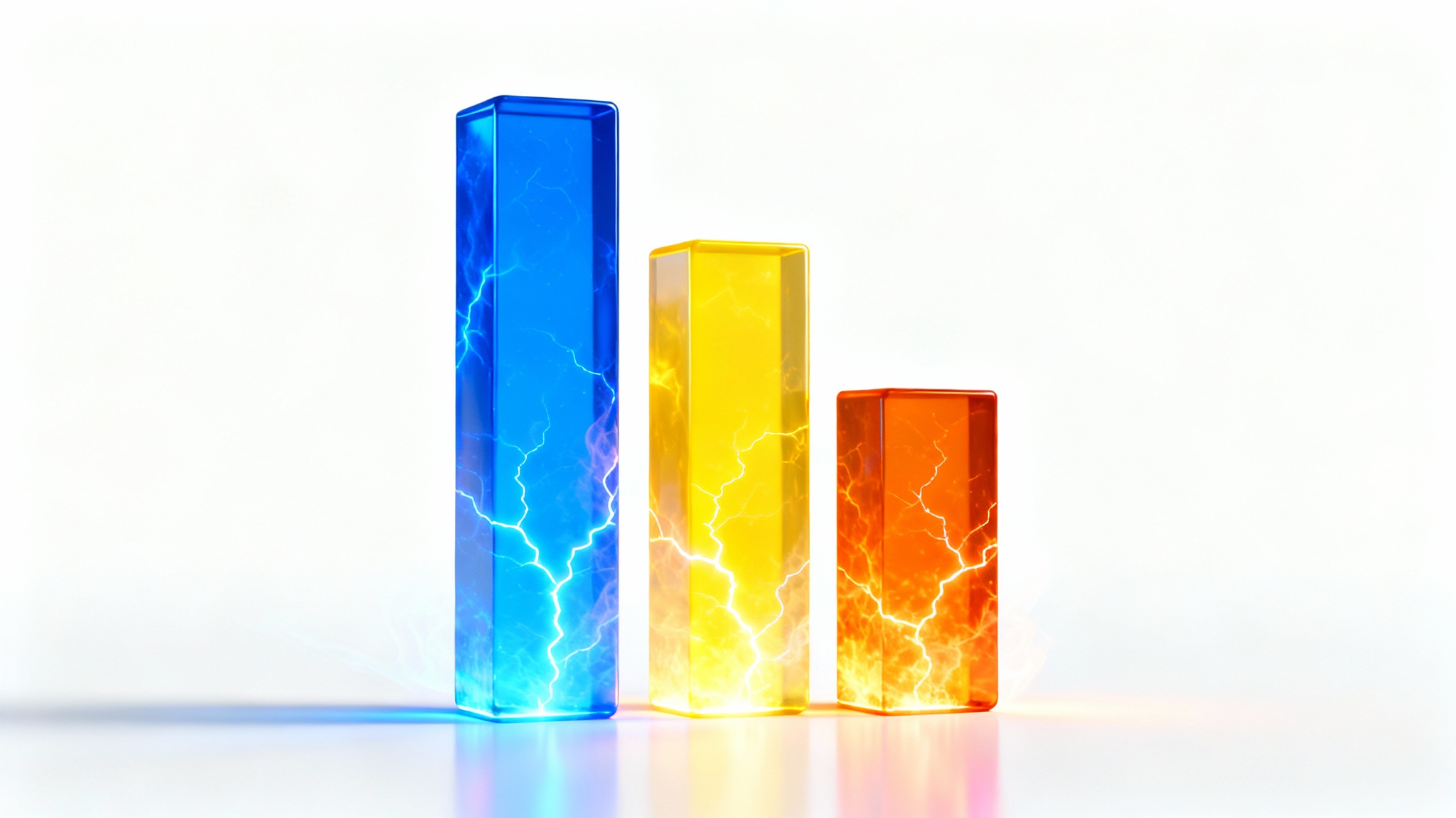 A 3D bar chart with three glowing bars of different heights, in blue, yellow, and orange, representing energy data on a clean white background.