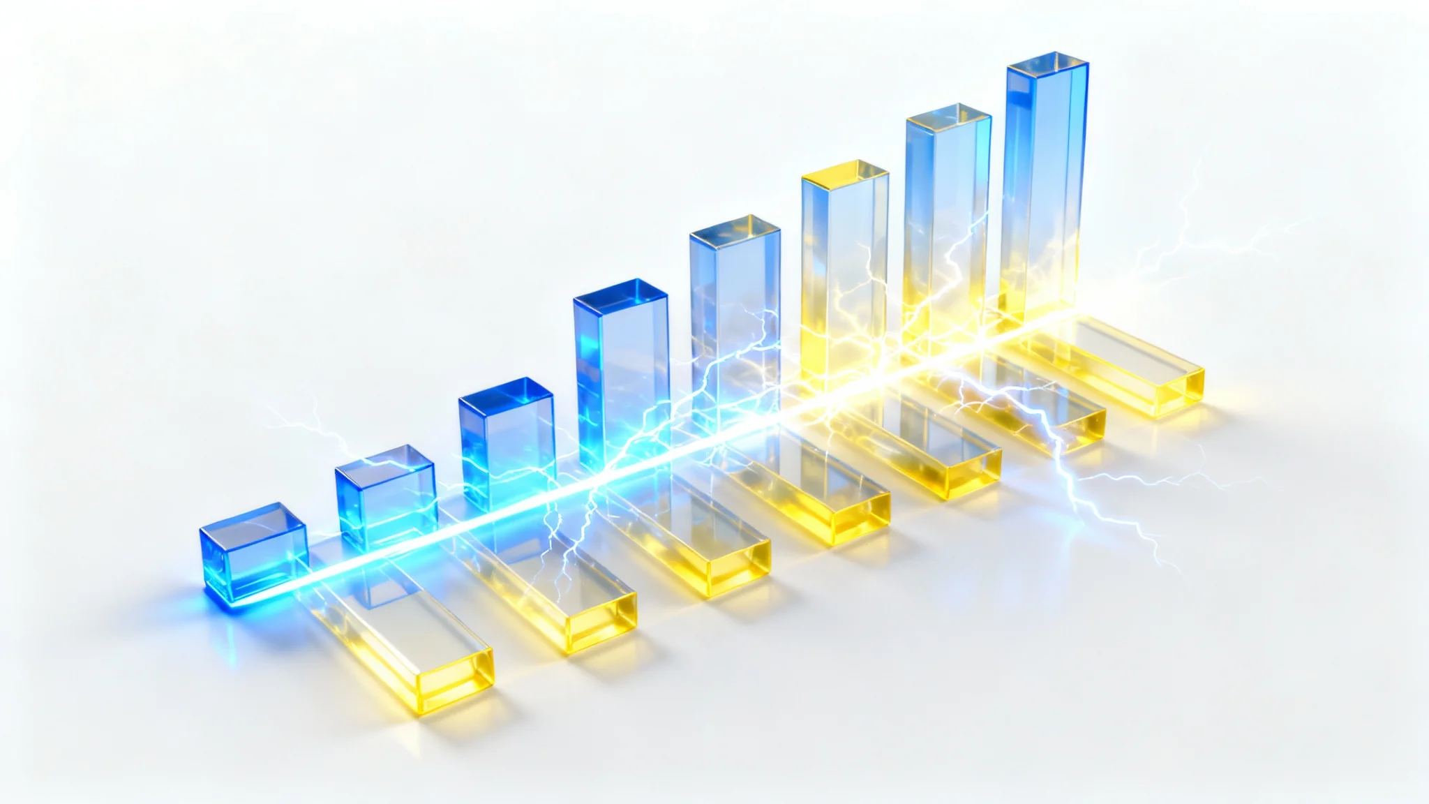 A 3D bar chart on a white background, with glowing blue and yellow bars that represent rising energy levels, symbolizing data visualization for energy statistics.